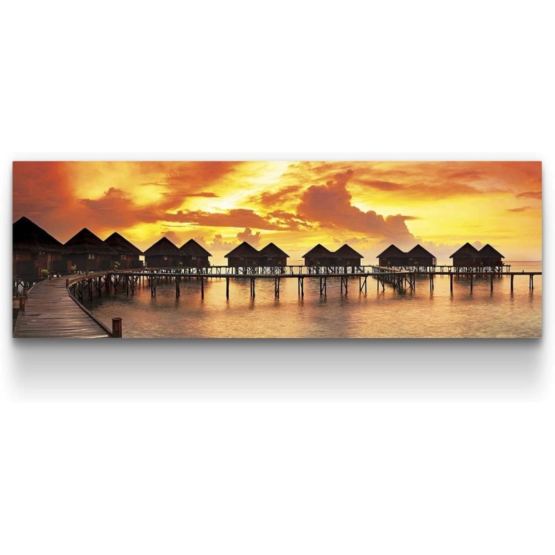 Coucher Du Soleil Tropical, Tableau Plage Decoration Murale Salon Moderne - Image sur Toile - 120 x 40 cm