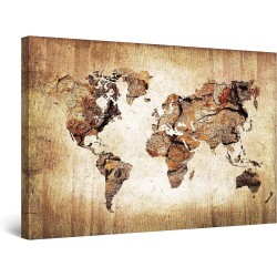 Carte du Monde Bois Marron, Tableau Abstrait - Murale Salon Moderne - Image sur Toile - Grande 120 x 80 cm