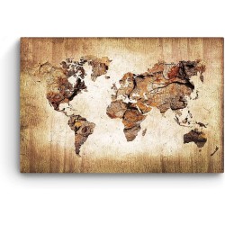 Carte du Monde Bois Marron, Tableau Abstrait - Murale Salon Moderne - Image sur Toile - Grande 120 x 80 cm