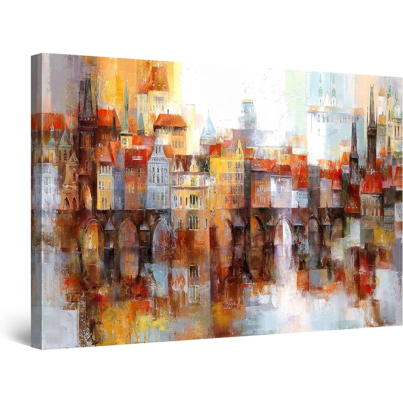 Bâtiments Colorés de la Ville Brumeuse, Tableau Paysage - Decoration Murale Salon Moderne - Image sur Toile - 90 x 69 cm