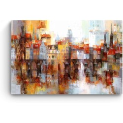 Bâtiments Colorés de la Ville Brumeuse, Tableau Paysage - Decoration Murale Salon Moderne - Image sur Toile - 90 x 69 cm