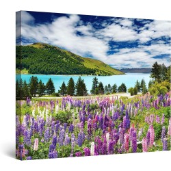 Tapis de Fleurs Lac, Tableau Paysage Decoration Murale Salon Moderne - Image sur Toile