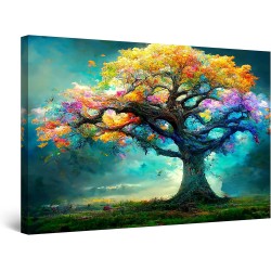 Arbre de Fée d'Arc-en-ciel - Grande Tableau Decoration Murale Prêt à Accrocher Arbres Peinture Moderne 60 x 90 cm