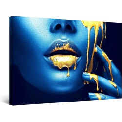 Visage Métallisé Or Bleu - Tableau Decoration Murale Salon Moderne - Image sur Toile - 60 x 90 cm