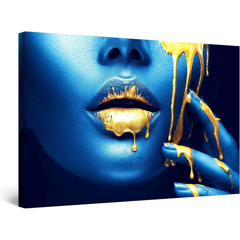 Visage Métallisé Or Bleu - Tableau Decoration Murale Salon Moderne - Image sur Toile - 60 x 90 cm