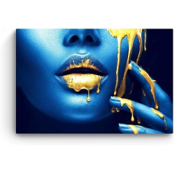 Visage Métallisé Or Bleu - Tableau Decoration Murale Salon Moderne - Image sur Toile - 60 x 90 cm