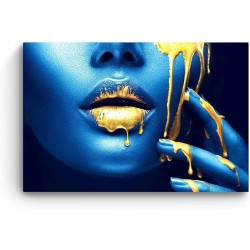 Visage Métallisé Or Bleu - Tableau Decoration Murale Salon Moderne - Image sur Toile - Grande 80 x 120