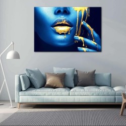 Visage Métallisé Or Bleu - Tableau Decoration Murale Salon Moderne - Image sur Toile - Grande 80 x 120