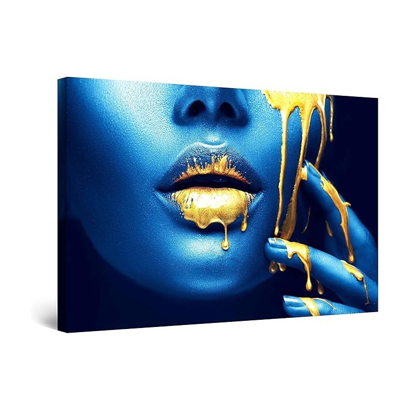 Visage Métallisé Or Bleu - Tableau Decoration Murale Salon Moderne - Image sur Toile - Grande 80 x 120